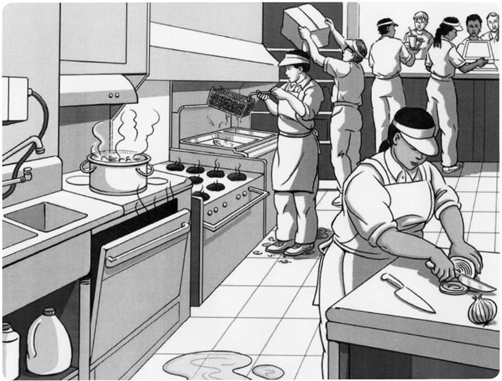 Commercial sized kitchen with people working among seven hazards.  