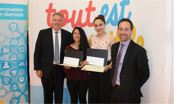Title: Oakville School Hosts It’s Your Job Awards Ceremony - Description: Photo: Minister Flynn, Nicole Nseir, Laila Aggag and Jean-François  L’Heureux, Board Chair.