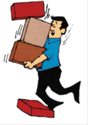 Man carrying three tall boxes and tripping over a fourth box.
