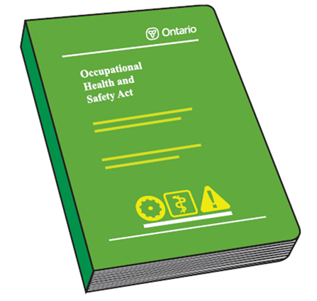 Title: Ontario Occupational Health and Safety Rights - Description: Illustrtation of Ontario's Occupational Health and Safety Act guidebook.  The book is green with white text and some yellow symbols on the cover.