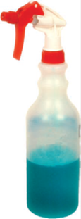 Unlabelled plastic spray bottle with blue liquid inside.