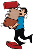 Man in  carrying three tall boxes and tripping over a fourth box.