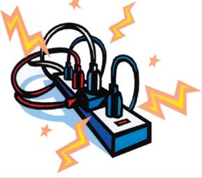 Title: An electrical outlet with too many plugs - Description: Illustration of an electrical outlet extension that has too many cords plugged into it.  There are yellow lightning bolts emanating from the cords to indicate that it is an electrical hazard.