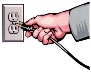 Title: A person unplugs cords correctly - Description: Illustration of a hand unplugging a cord from the wall plug.  He is pulling the cord correctly, from the plug end as opposed to the long end of the cord.