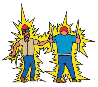 Title: Two workers get shocked - Description: Illustration of two construction workers surrounded by yellow spiky rays to indicate that they have both been zapped by electricity.  The man on the right is holding two metal bars that have shocked him, and the man to his left has grabbed onto the other mans hand, so the electricity has flowed to him through the other man.