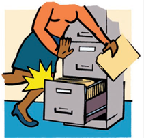 Title: Woman trips over open drawers - Description: Illustration of an office worker banging her knee into an open cabinet drawer.