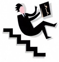 Title: Man slips down the stairs - Description: Illustration of a businessman falling down stairs with briefcase in the air for rushing too much near stairs.
