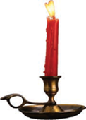 Candle - a long thing red wax candle that is lit inside a bronze candle holder.