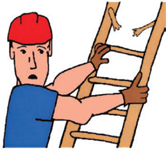 A man climbs on a broken ladder.