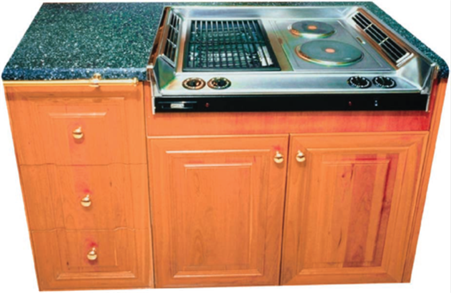 Kitchen stove and counter.