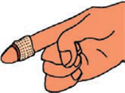 Hand with band-aid on index finger.
