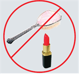 Hair brush and lipstick with stop sign overlayed.