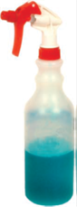 Unlabelled plastic spray bottle with blue glass cleaner inside of it.