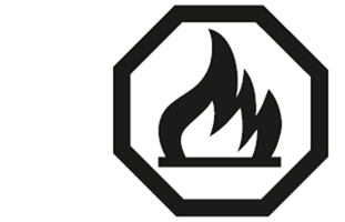 WHIMIS flammable and combustible symbol #2 -  a large flame with line underneath and stop sign shape encircling it.