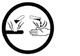 WHIMIS corrosive symbol #1 - WHIMIS corrosive symbol -  test tube with chemicals inside pouring onto an object and melting it, and beside that is a hand with a similar tube pouring the same chemical onto the hand and destroying it.