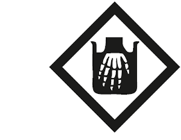 WHIMIS corrosive symbol #2 - a skeleton hand inside of corrosive material. The diamond shape surrounding it warns people about the hazards.    