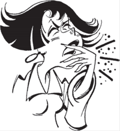 Title: A sick woman - Description: Illustration of a woman sneezing into her hand whilst specks of germs fly into the air.