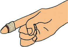 Hand with band-aid on index finger.