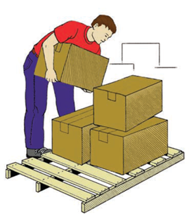 Title: Stephen lifts boxes - Description: Stephen is going to stock shelves with cereal. He goes to the back room to lift cases off a pallet and carries them to the cereal aisle.