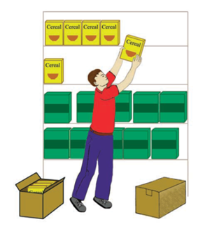 Title: Stephen stocking cereal shelves - Description: Stephen is stocking cereal boxes on the shelves. Some of the shelves are very high and he has to reach up to fill them.