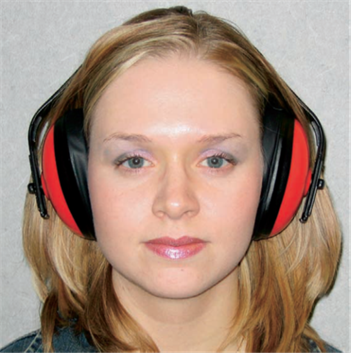Woman wearing a pair of safety ear muffs.