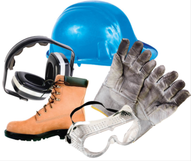 Image montrant un casque, des gants de protection, une chaussure de protection, des lunettes de protection et un casque auditif de protection.