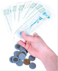 Handling money - The image shows a person holding $20 bills. There is a pile of coins (loonies, toonies and quarters) under his hand.