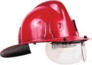 Title: Un casque de pompier - Description: Image d'un casque de pompier rouge avec une visire de protection pour les yeux.