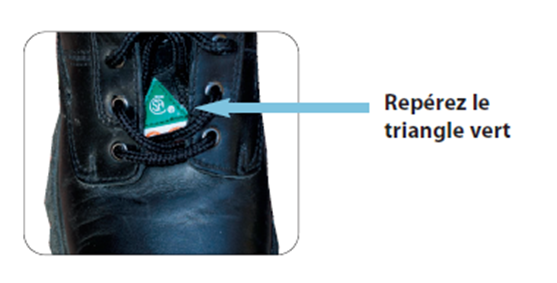 Agrandissement de la languette d'une chaussure de scurit - Image d'un agrandissement de la languette d'une chaussure de scurit. Une flche pointe sur un triangle vert prsent sur la languette.